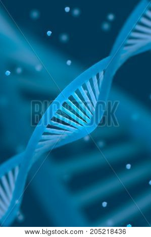 DNA chain macroshot. Highly detailed render. Blue color. Scientific background or medical backdrop. Great for poster, book cover, flyer or folder. Shallow DOF. 3D illustration