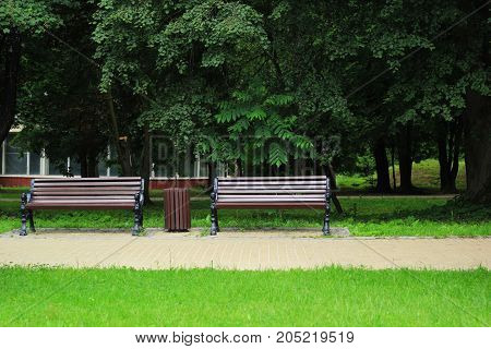 Two stylish brown benches in the old park
