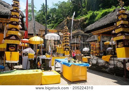 Bali Indonesia - September 9 2017: Ganung Kawi Temple. temple complex centered around royal tombs carved into stone cliffs in the 11th century. Bali Indonesia