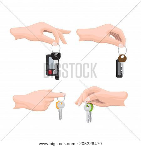 Keys hanging on keyring in human hand flat vector isolated on white background. Man hand holding bunch of modern doors keys on keyring illustration for real estate, buying new apartment concepts