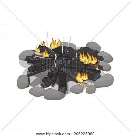 Dark burnt firewood with weak flame on white. Vector illustration of wood pines isolated place with black logs surrounded by stones. Flame made of forest trees for heating. Campfire tourist symbol