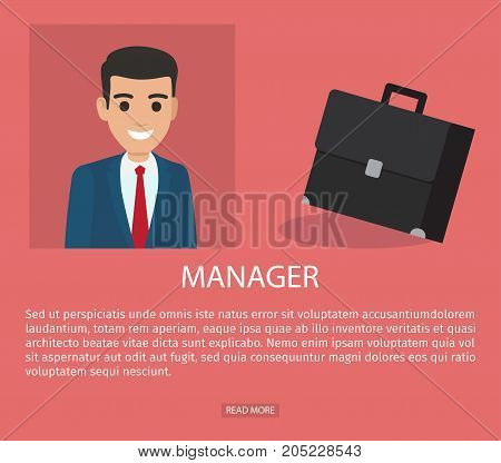 Manager advertisement web page vector illustration. Executive worker in suit vector illustration, resume design of job application form