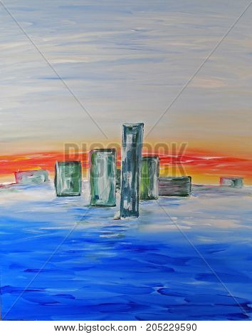 Acrylic Painting on Canvas of Abstract Buildings on the horizon