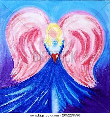 Acrylic Painting on Canvas of Angel holding Red Heart