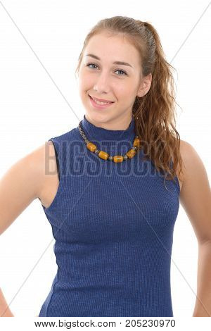 smiling woman in blue casual smart clothing isolated on white background