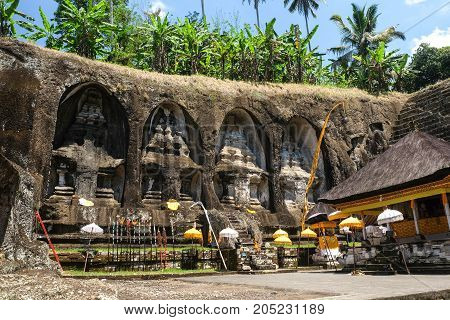 Ganung Kawi Temple. temple complex centered around royal tombs carved into stone cliffs in the 11th century. Bali Indonesia