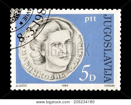 YUGOSLAVIA - CIRCA 1984 : Cancelled postage stamp printed by Yugoslavia, that shows Portrait of National hero Sonja Marinkovic.