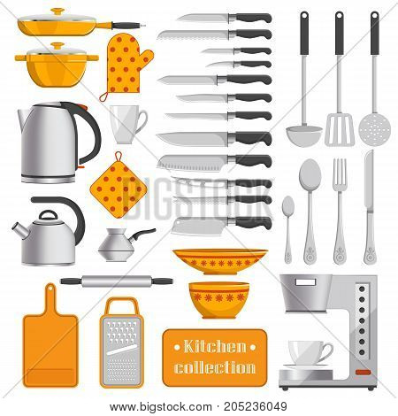 Kitchen collection of sharp knives, silver tableware, iron kettles, convenient utensils, coffee machine and dotted potholders vector illustrations.