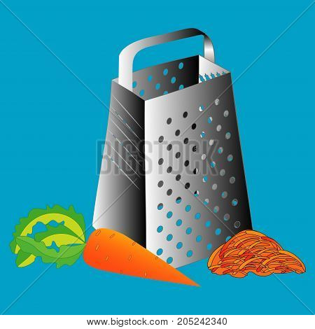 Grate set. Grated carrots. Cooking process vector illustration. Kitchenware and utensils isolated on white.