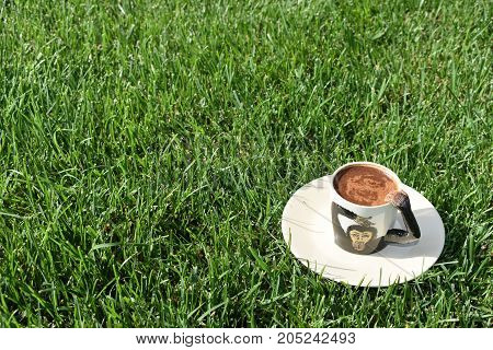 coffee grounds on the bottom of the mug. a cup on the grass. green meadow and white tableware. fortune telling. monkey cup, monkey background, funny and cute cup. coffee foam. green background