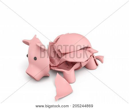 3d rendering of a pink ceramic piggy bank completely broken up into several large pieces. Saving money. Bank insurance. Loss of investment.