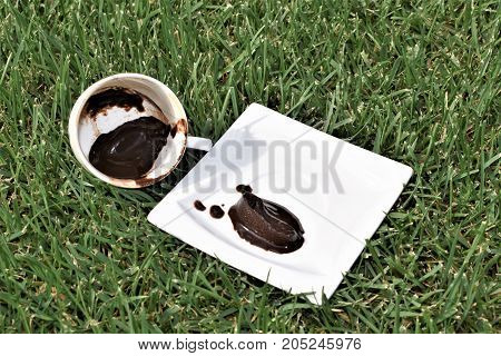 cup in a coffee thick,prediction of the future,guessing and prediction.coffee grounds on the bottom of the mug. a cup on the grass. green meadow and white tableware. dirty dish. fortune telling, green background