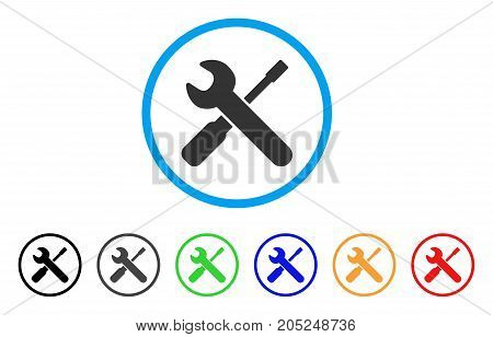 Wrench And Screwdriver Tools rounded icon. Style is a flat wrench and screwdriver tools grey symbol inside light blue circle with black, gray, green, blue, red, orange color versions.