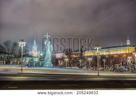 Monument of Vladimir. Moscow Kremlin in winter night. Russia