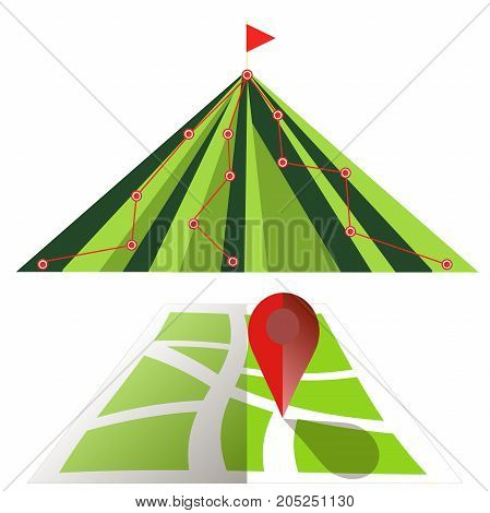 Sign of hiking track on mountain, map with pointer on white flat design stock vector illustration