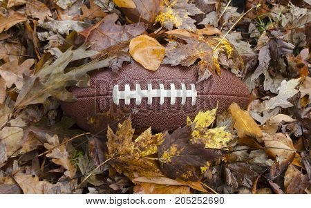 Game time - football buried in fallen leaves