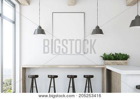 White Wooden Bar, Stand And Poster Closeup