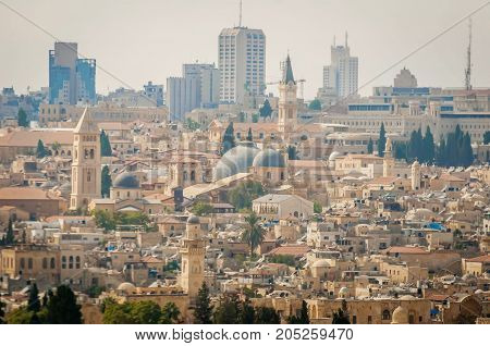 JERUSALEM, ISRAEL. September 15, 2017. A view of the Church of the Holy Sepulchre (gray domes) in the Old city of Jerusalem.