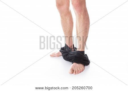 the Mes's legs with underwear over white background
