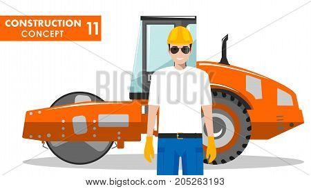 Detailed illustration of compactor and worker in flat style on white background.