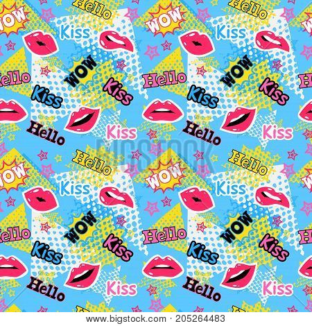 Abstract seamless pattern for girl and boy. Creative colorful wallpaper with Pop art comics speech bubbles cloudswords. Grunge urban background for textile fashion sport clothes.Purplered yellow