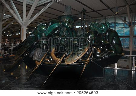 Vancouver BC,Canada,October 11th 2010.The Jade Canoe sculpture by legendary Native artist Bill Reid can be seen at the Vancouver International airport or YVR.