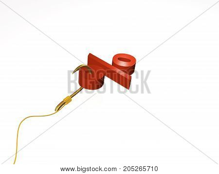 Hook with percent sign on white background 3D illustration.