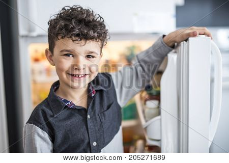 A Young white boy standing in front of open refrigerator.