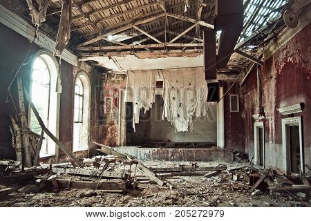 Abandoned and rotten theater or cinema house in Sukhum, Abkhazia, Georgia
