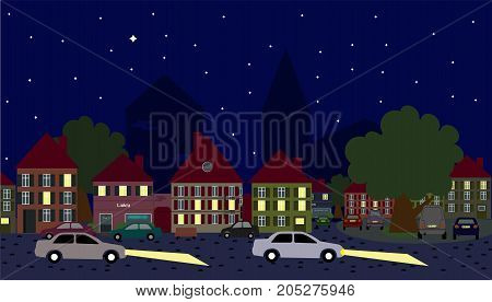 night scene cars in old town driving and parking