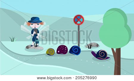 cute illustration with police woman and snails