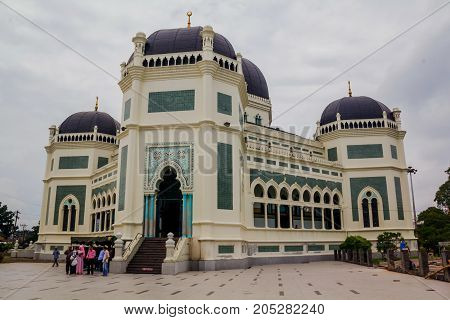 MEDAN, INDONESIA - SEPTEMBER 19: Great Mosque of Medan or Masjid Raya Al Mashun is a mosque located in Medan, Indonesia. The mosque was built in the year 1906 and completed in 1909 and one of the largest mosques in Medan