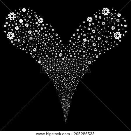 Cog explosive stream. Vector illustration style is flat white iconic cog symbols on a black background. Object fountain created from random design elements.