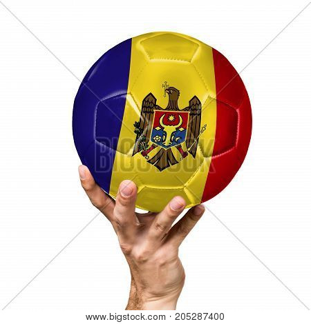 soccer ball with the image of the flag of Moldova, ball isolated on white background.