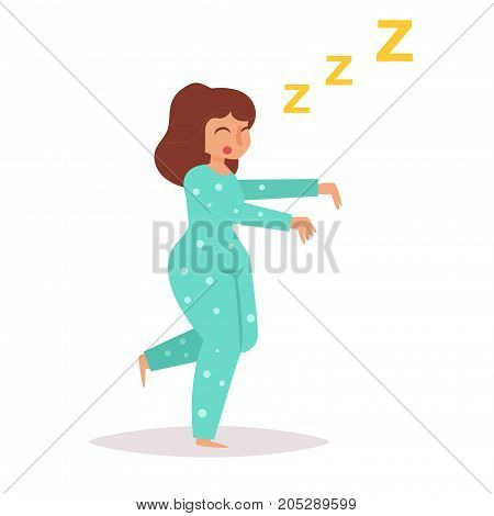 Woman walks in a dream. Hands put forward. Vector. Cartoon. Isolated art on white background. Flat
