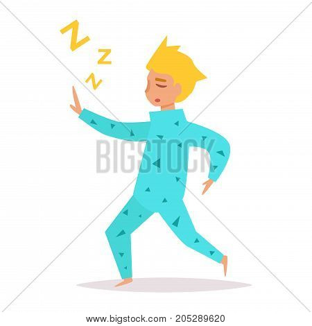 Man walks in a dream. Hands put forward. Vector. Cartoon. Isolated art on white background. Flat