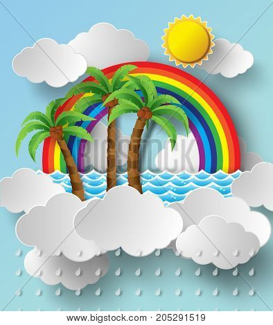 vector illustration tropical palm on clouuds rainbow.paper cut style.