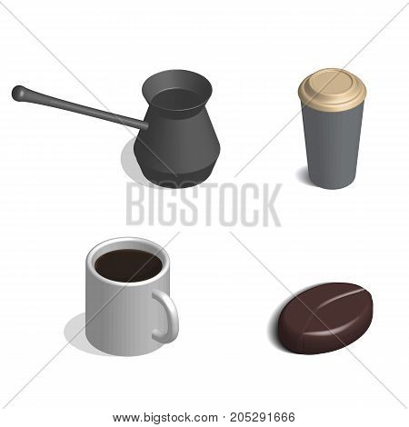 Coffee set. Cup bean and cezve isolated on white background. 3D isometric style vector illustration.
