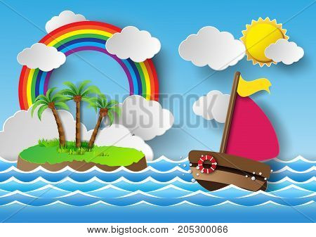 Vector illustration sailing boat and cloud with rainbow.papaer cut style.