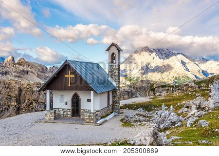 DOLOMITES,ITALY - SEPTEMBER 15,2017 - Cappella degli Alpini - Chapel at the southern side of Tre Cime di Lavaredo in Dolomites. The Dolomites are a mountain range located in northeastern Italy.