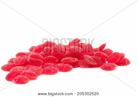 Pile of red vitamin pastille with clipping path. Multivitamin gummy for kids to be healthy concept
