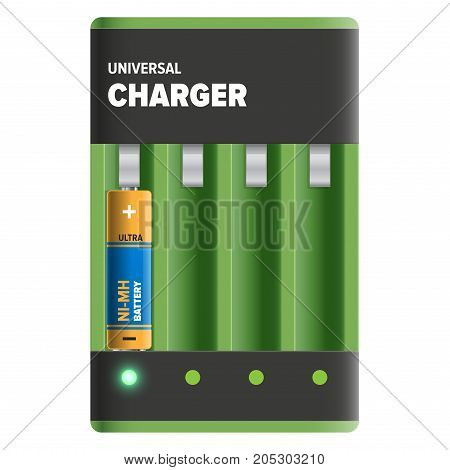 Powerful universal charger isolated on white. Energy container with cells for recharge of nickel-metal hydride batteries. Compact electrical appliance to refill power content vector illustration.