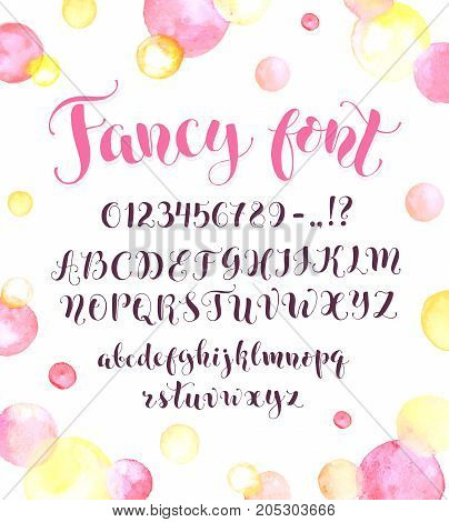 Fancy calligraphy font with watercolor spots isolated on background. Uppercase, lowercase letters, numbers and symbols. Hand drawn modern script. Beautiful modern alphabet.