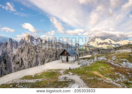 View at the Cappella degli Alpini from South side of Tre Cime di Lavaredo in Dolomites - Italy
