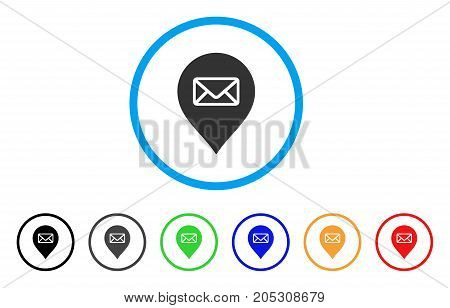 Post Office Marker rounded icon. Style is a flat post office marker grey symbol inside light blue circle with black, gray, green, blue, red, orange variants.