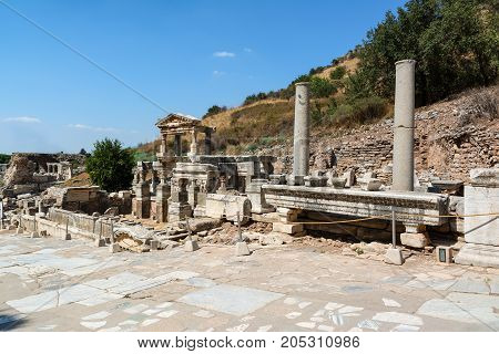 Fountain of Trajan, Nymphaeum Traiani, in Ephesus ancient city, Selcuk, Turkey.