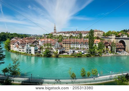 Bern Switzerland - May 26 2016: View of Bern old town over the Aare river in Switzerland.