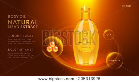 Honey essential oil ads translucent bottle with ingredients on the bubbles isolated on brown background 3d illustration