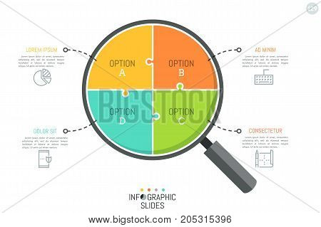 Jigsaw Puzzle In Shape Of Magnifying Glass Divided Into 4 Parts. Simple Infographic Design Template.