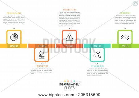 Horizontal Timeline With 5 Steps Placed Chequerwise, Time Indication, Linear Icons And Text Boxes. D